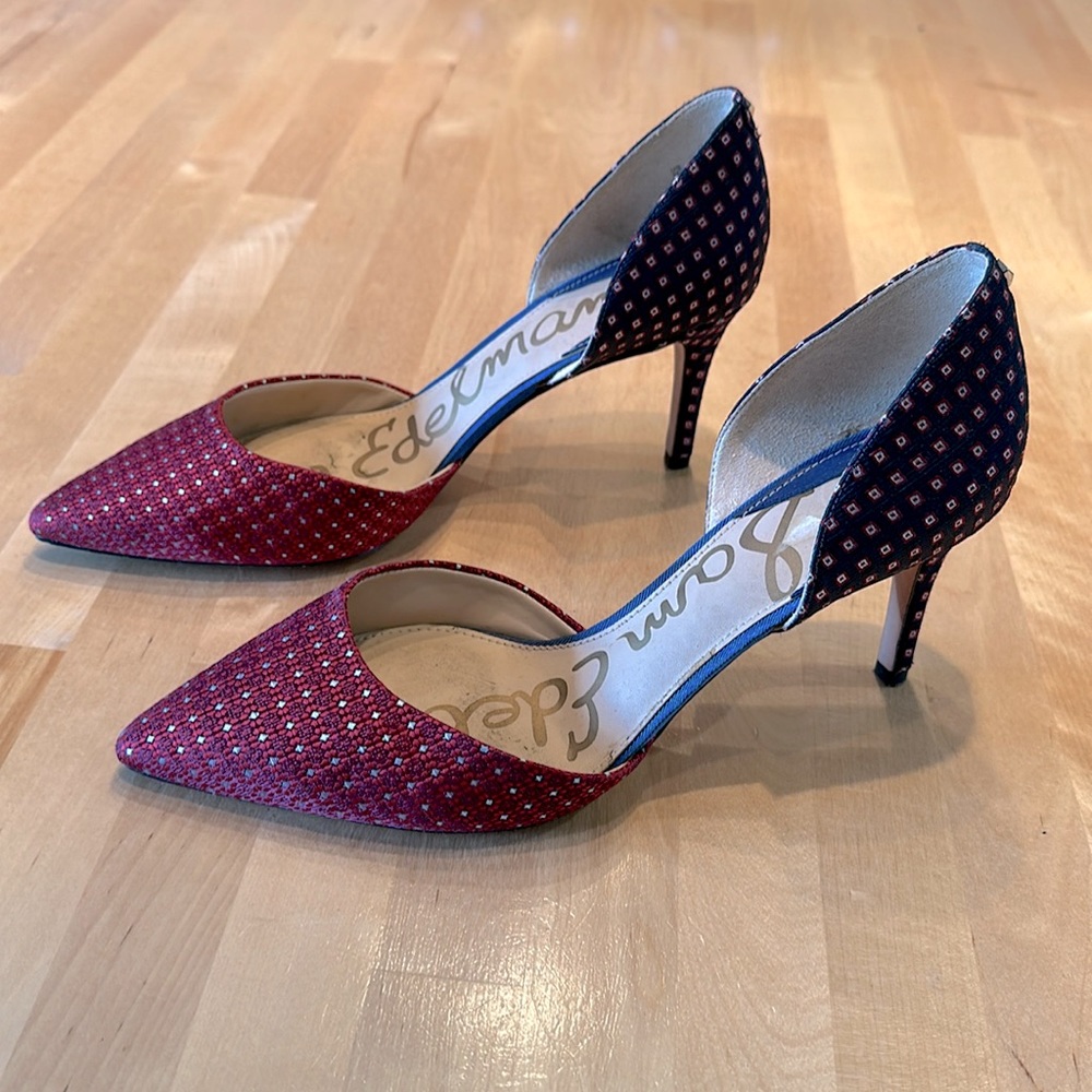 Sam Edelman red and blue 3” high heel shoe, fabric upper, leather sole, size 8.